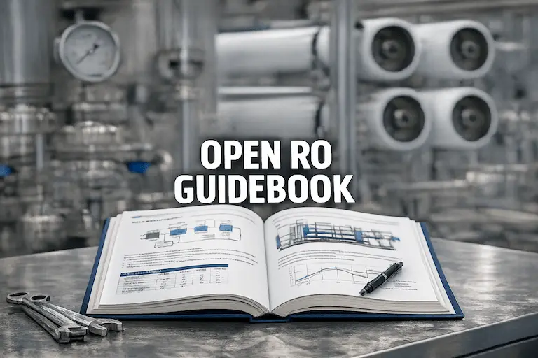 Open technical guidebook on reverse osmosis systems with wrenches on a workbench in front of membrane housings